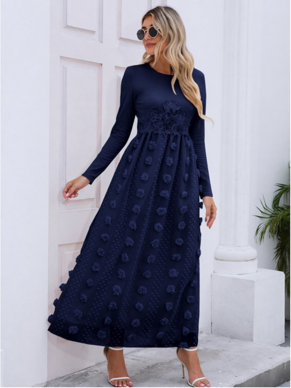 NWT ALLOVIN Women's Long Sleeve Hollow Out Boho Maxi Dress Flowy Casual Long